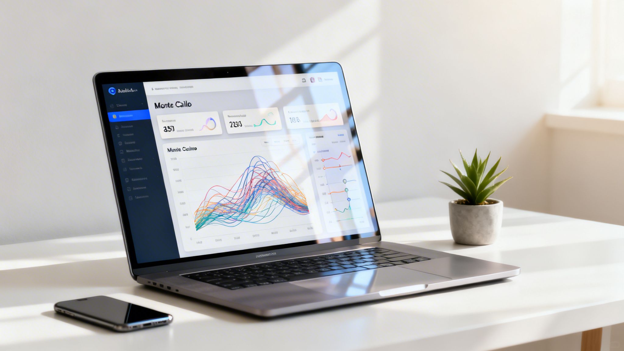 Un laptop su una scrivania bianca mostra un dashboard di analisi dati con grafici colorati, affiancato da uno smartphone e una pianta.