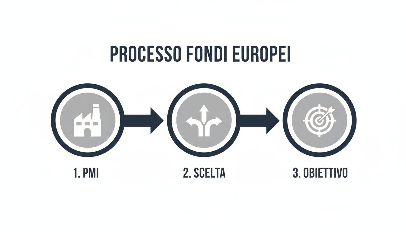 Un diagrama de flujo que ilustra el proceso de los fondos europeos: pymes, selección y objetivo, con iconos representativos.