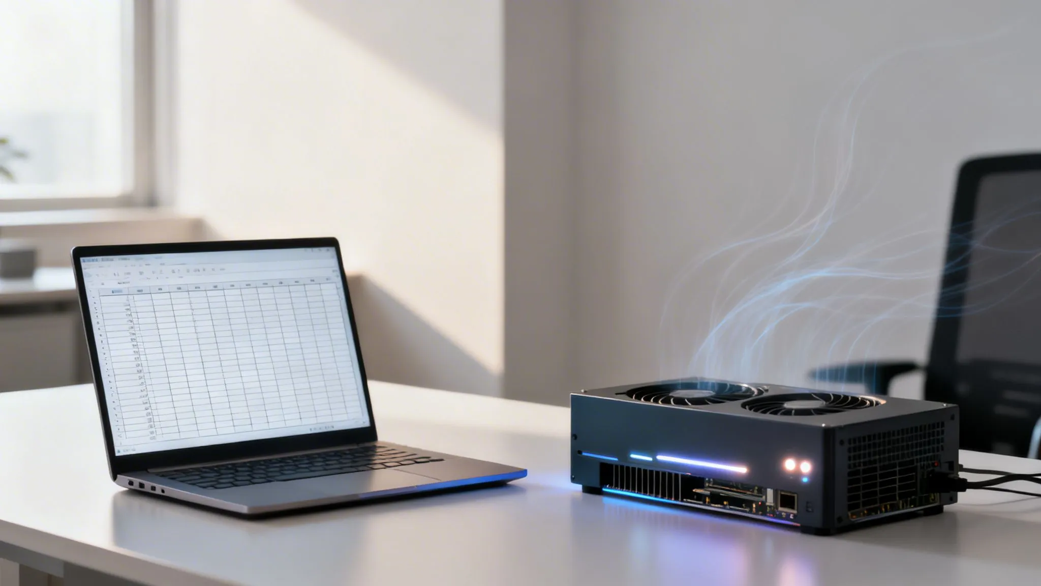 Laptop con foglio di calcolo accanto a un compatto dispositivo di calcolo con luci e flusso dati per intelligenza artificiale.