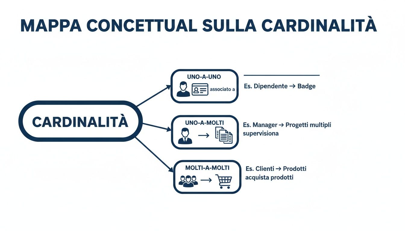 Mappa concettuale che illustra i tipi di cardinalità nelle relazioni tra entità: uno-a-uno, uno-a-molti, molti-a-molti, con esempi pratici.