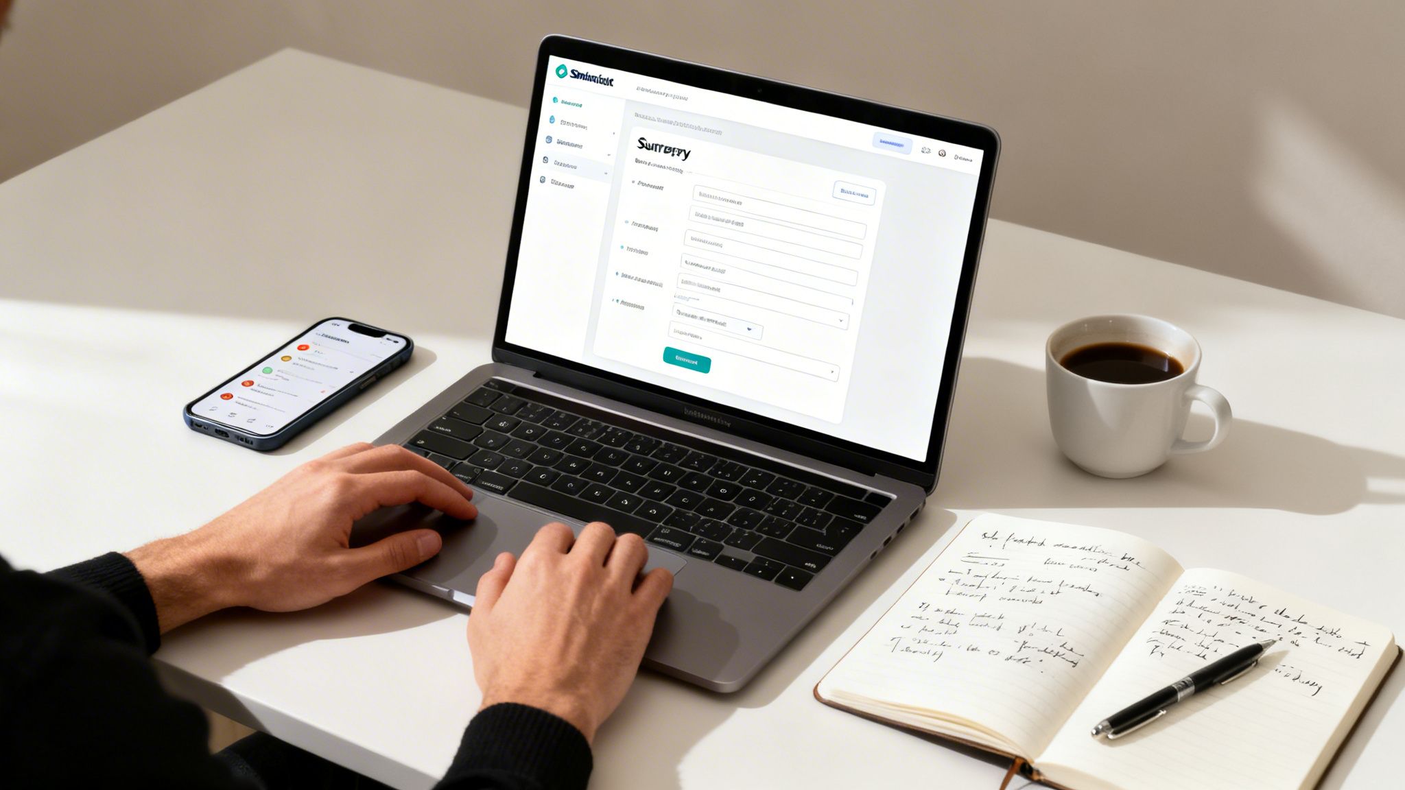 Persona che lavora al laptop con un modulo online, telefono, caffè e quaderno su una scrivania bianca.