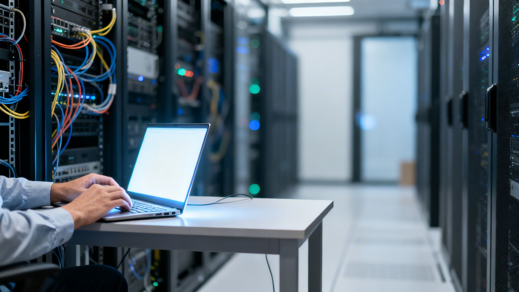 Une personne travaillant sur un ordinateur portable dans un centre de données rempli de serveurs et de câbles colorés. Un technicien informatique gère l'infrastructure.