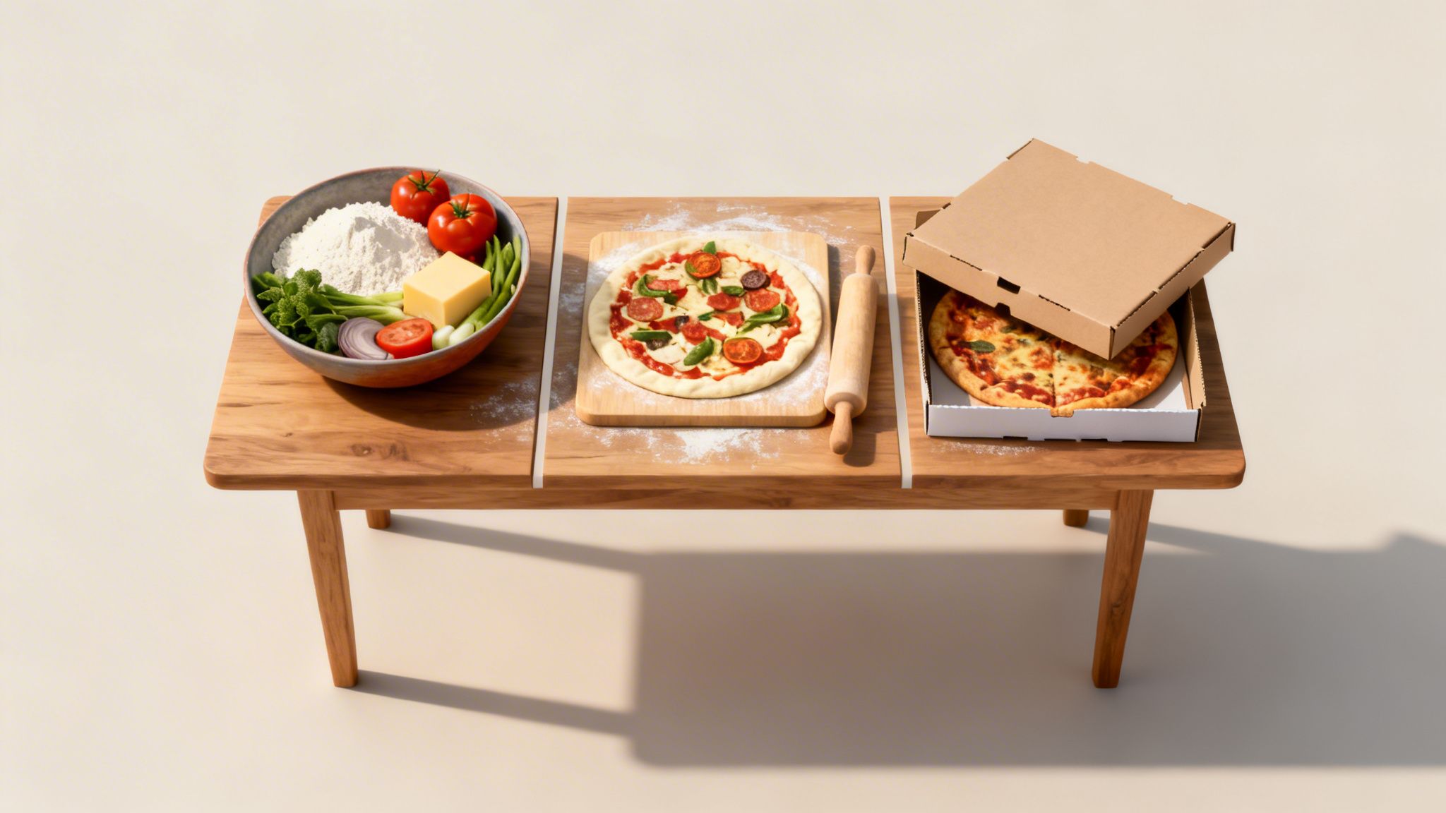 Des ingrédients pour faire une pizza, une pizza crue et une pizza cuite dans une boîte, posés sur une table en bois.