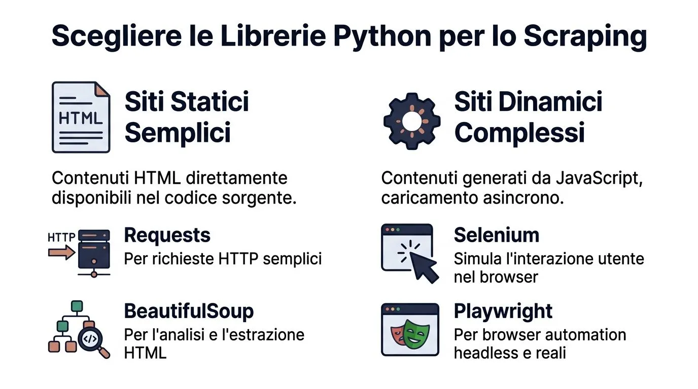 Infografica che mostra le librerie Python consigliate per lo scraping di siti web statici e dinamici.