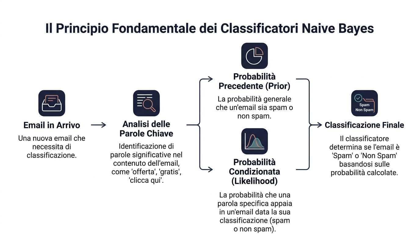 Diagramm, das die Funktionsweise von Naive-Bayes-Klassifikatoren zur Unterscheidung von Spam-E-Mails und Nicht-Spam-E-Mails erläutert.
