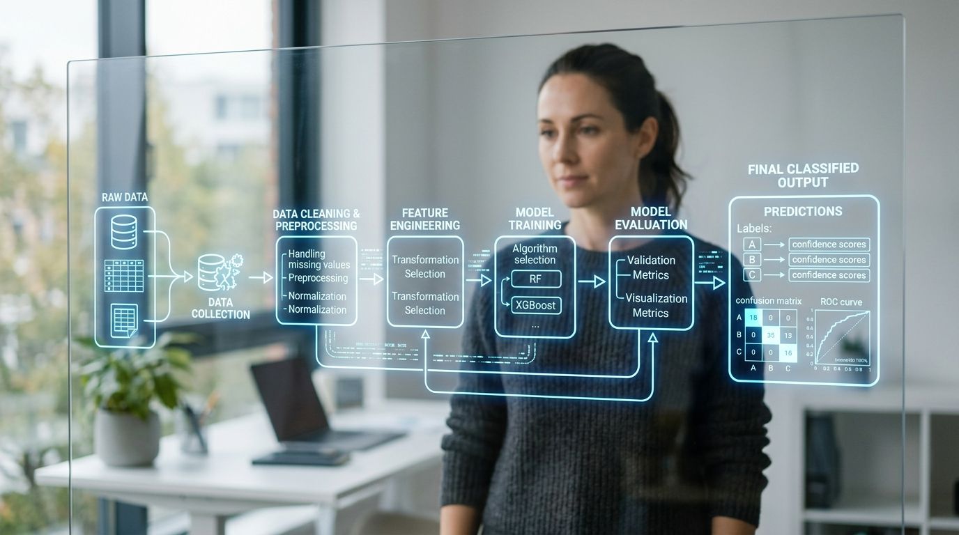 Eine Frau betrachtet ein digitales Flussdiagramm zur Datenwissenschaft, das auf eine transparente Leinwand projiziert wird.