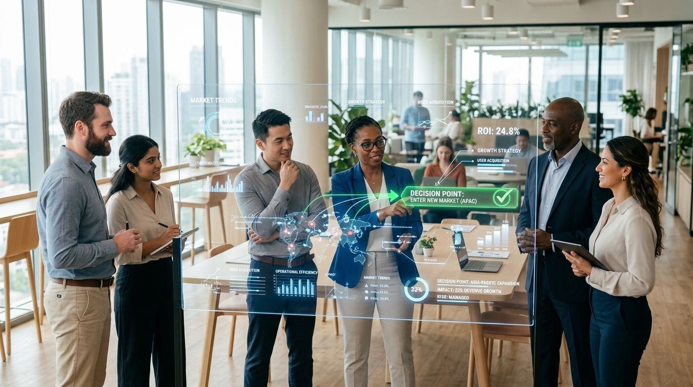 Ein Team von Fachleuten analysiert strategische Daten auf einem transparenten digitalen Bildschirm in einem modernen, hellen Büro
