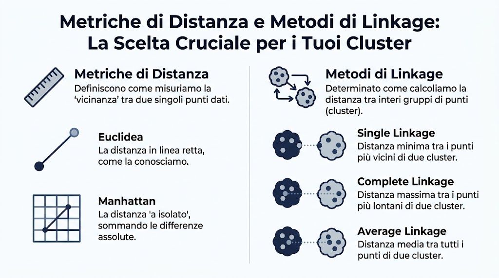 An infographic explaining distance metrics and linkage methods for hierarchical clustering.