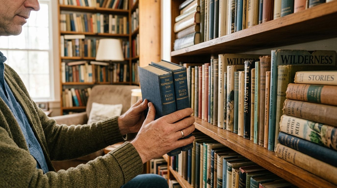 An elderly man selecting a blue book from a shelf in a well-stocked home library.