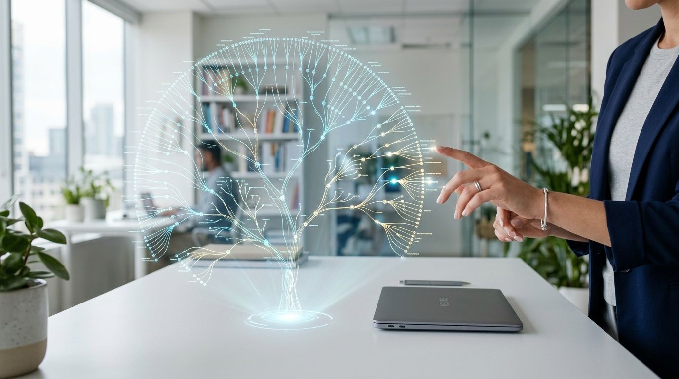 A professional interacts with a holographic interface displaying a complex tree diagram in a modern office.