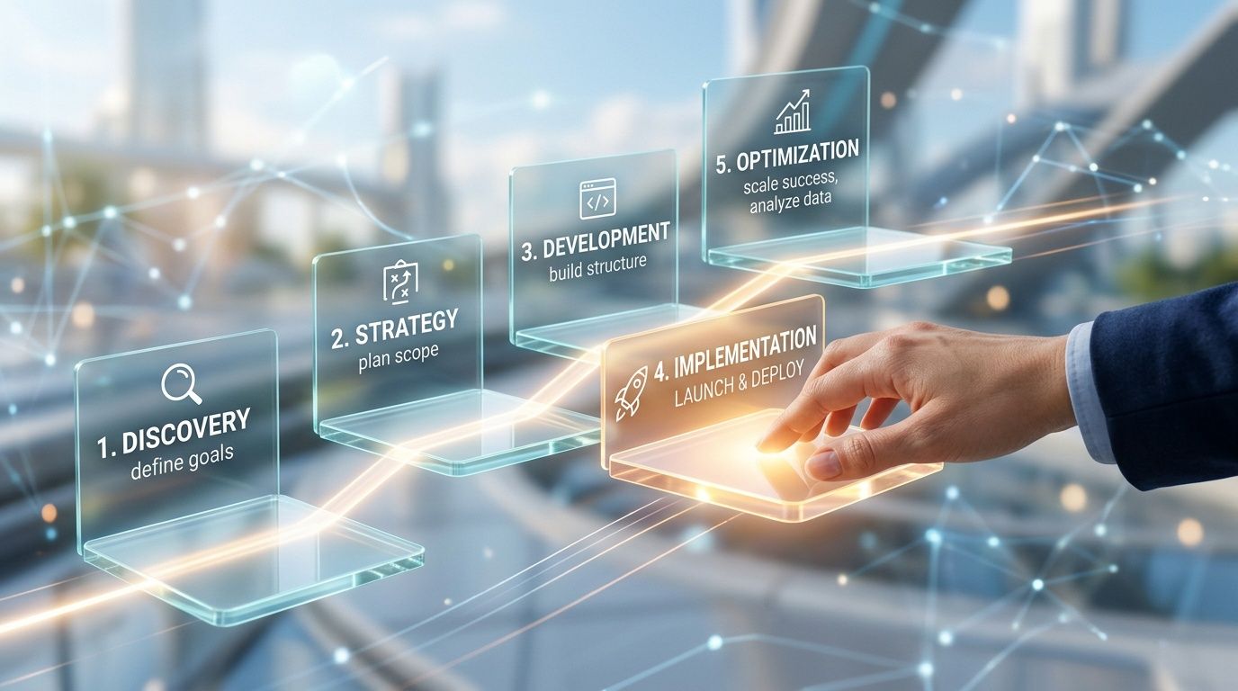 Eine digitale Darstellung eines Geschäftsprozesses in fünf Schritten, wobei eine Hand die Umsetzung auswählt.