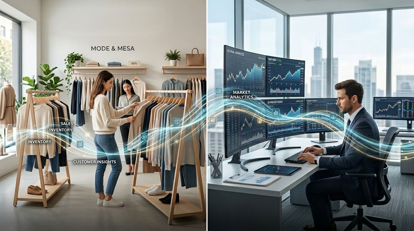 Eine visuelle Darstellung, die KI-gestützten Einzelhandel mit professioneller Marktanalyse verbindet.