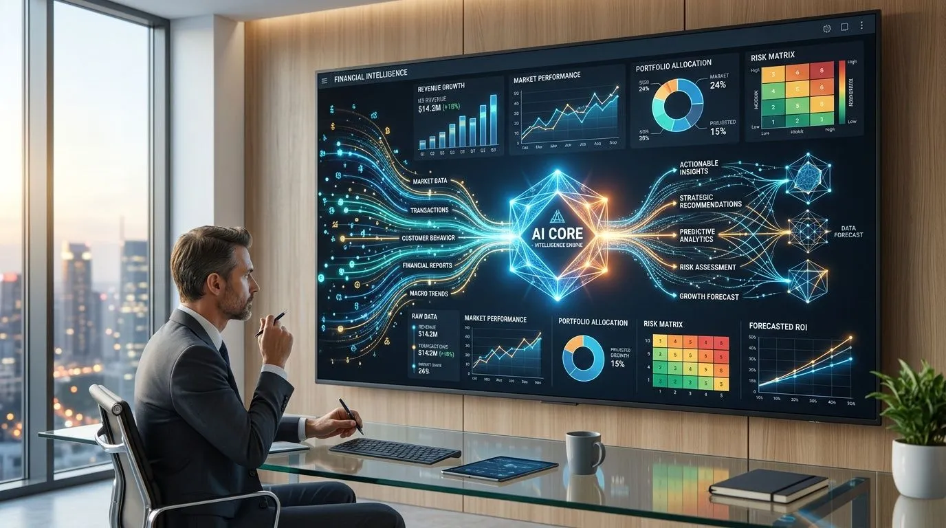 Un professionista in ufficio analizza grafici finanziari avanzati e dati strategici su un grande schermo digitale interattivo.
