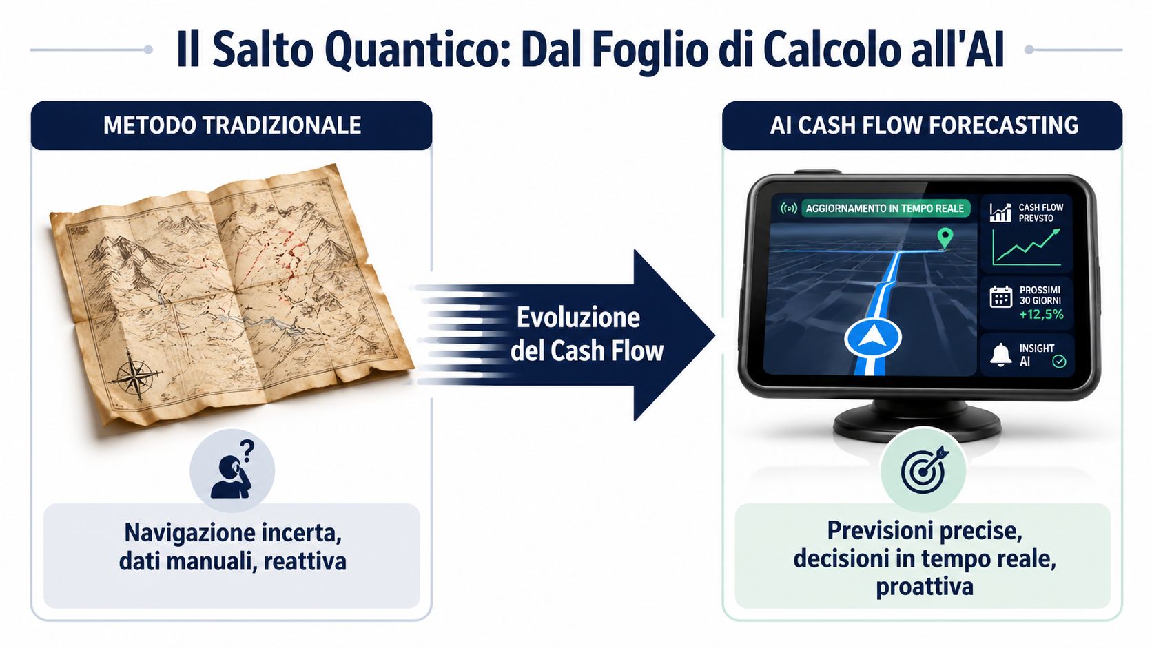 Confronto tra la gestione manuale del flusso di cassa e l'innovativo sistema di previsione basato sull'intelligenza artificiale.