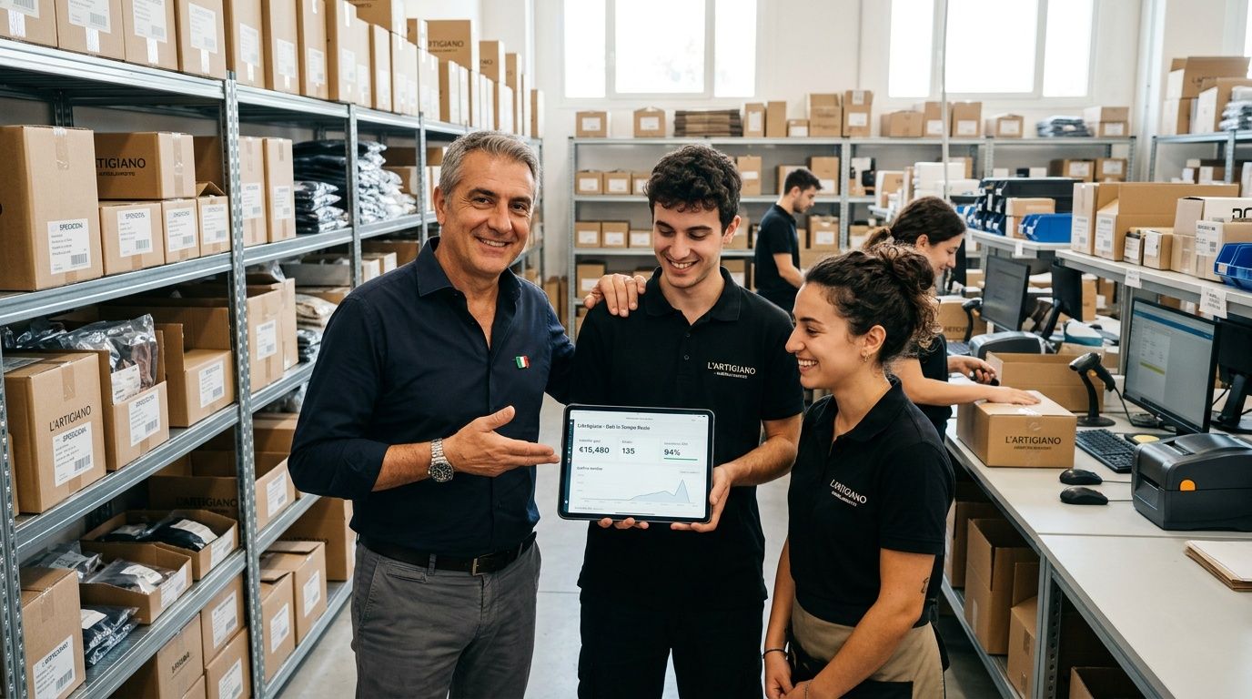 Team di lavoro in un magazzino che esamina dati finanziari aziendali su un tablet digitale.