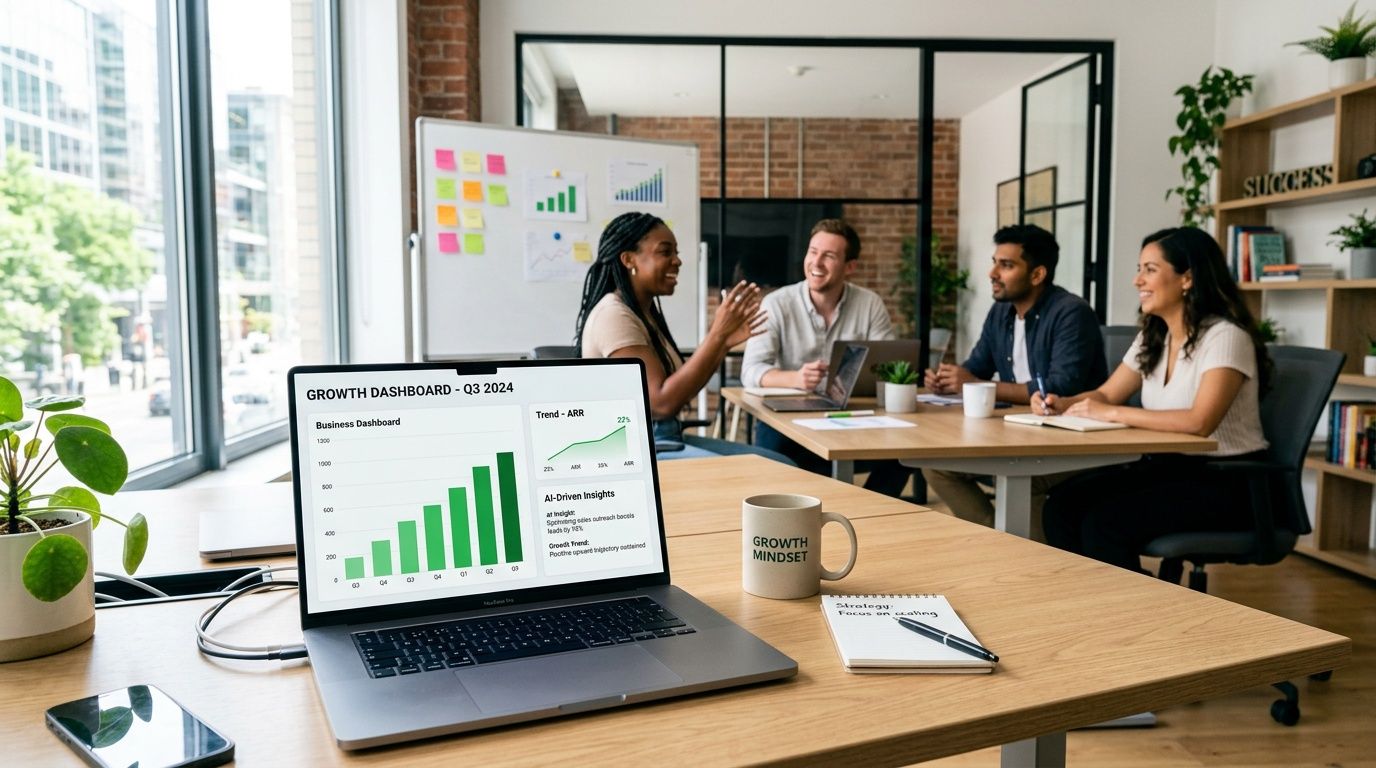 Un team in una riunione d'ufficio analizza i dati di crescita su un computer portatile moderno.