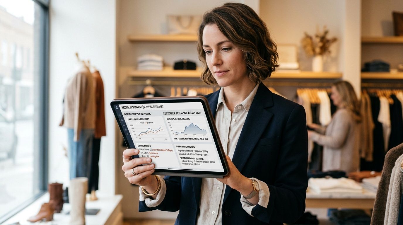 Una donna d'affari in un negozio di abbigliamento analizza dati di vendita su un tablet digitale moderno.