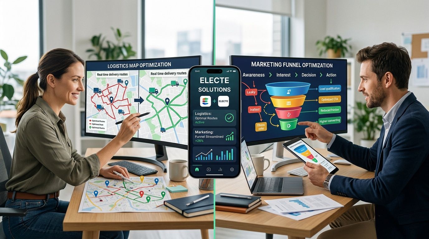 Collaborazione professionale tra due colleghi che analizzano ottimizzazione logistica e marketing funnel tramite piattaforme analitiche AI.