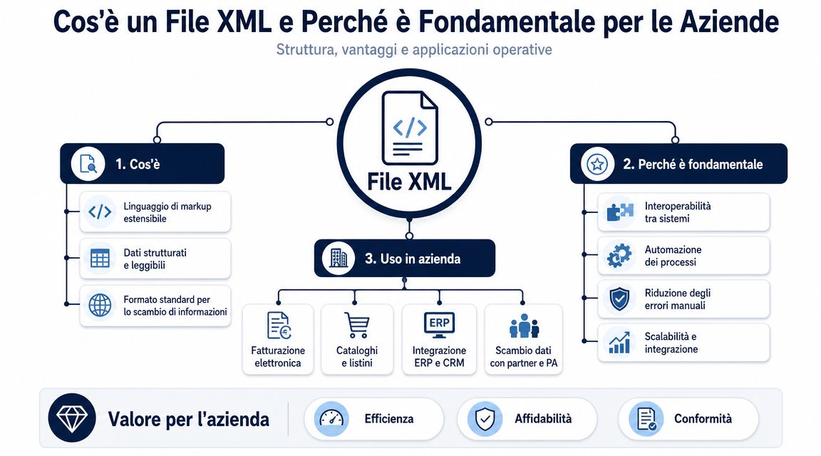 Infografic care explică modul de funcționare, importanța strategică și aplicațiile fișierelor XML în cadrul companiei.