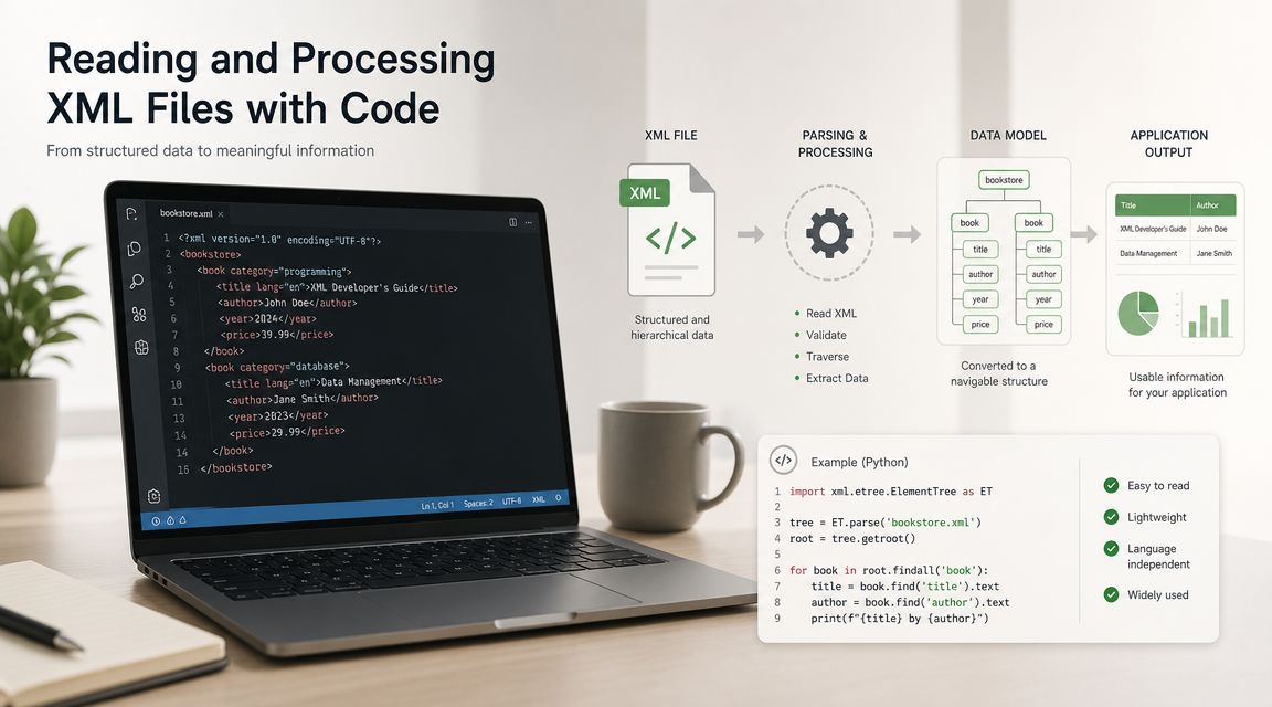 Un laptop pe care se afișează cod XML, împreună cu un schemă care explică procesarea fișierelor XML.