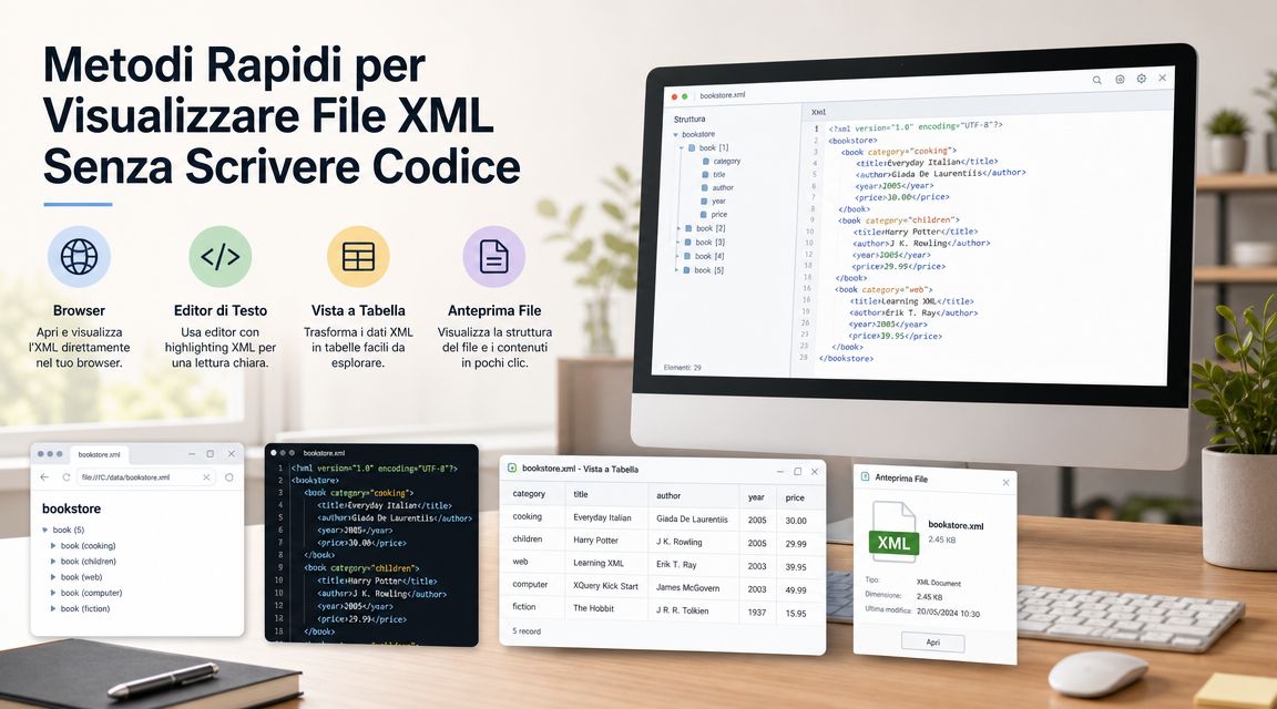 Exemplu grafic care ilustrează patru metode simple de vizualizare a fișierelor XML fără a scrie cod pe computer.