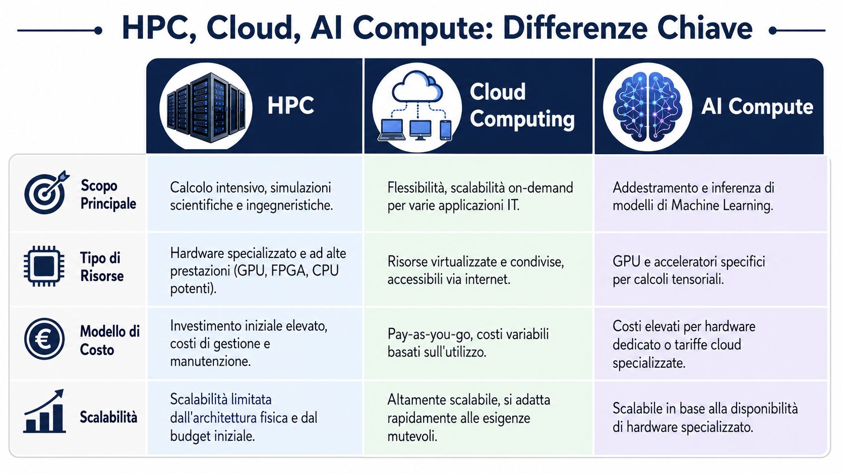 Tabella comparativa che illustra le principali differenze tra HPC, Cloud Computing e AI Compute in italiano.