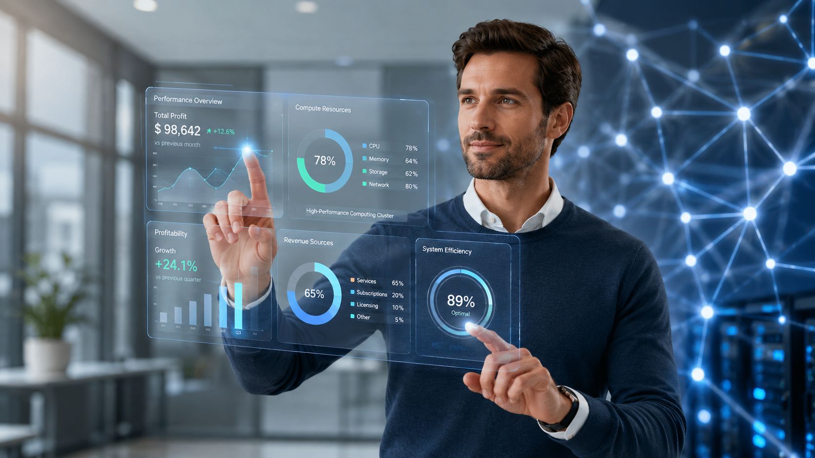 Un professionista interagisce con un'interfaccia olografica avanzata che mostra dati complessi su prestazioni aziendali e informatiche.