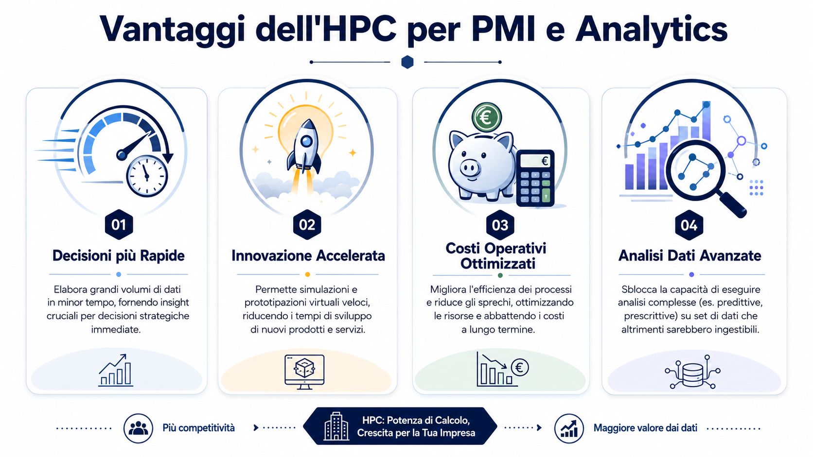 Infografica che illustra i quattro vantaggi principali dell'HPC per le piccole e medie imprese e l'analisi dati.