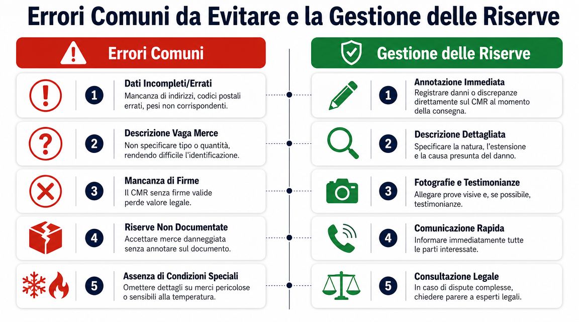 Infografika przedstawiająca typowe błędy, których należy unikać podczas obsługi listu przewozowego CMR.