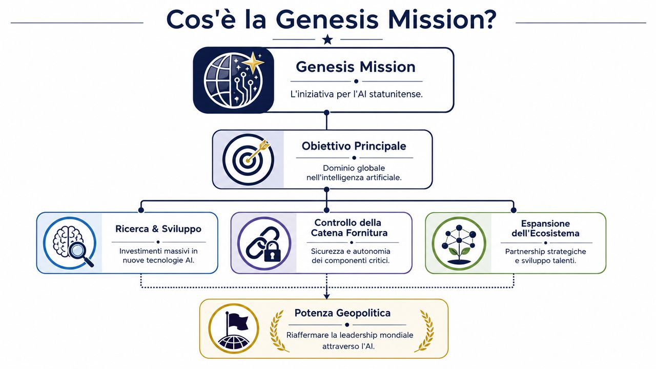 תרשים אינפוגרפי הממחיש את "משימת ג'נסיס" (Genesis Mission), היוזמה האמריקאית להשגת שליטה עולמית בתחום הבינה המלאכותית.