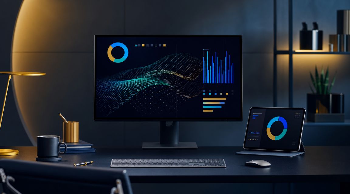Bureau moderne équipé d'un grand écran et d'une tablette affichant des graphiques représentant les données de l'entreprise