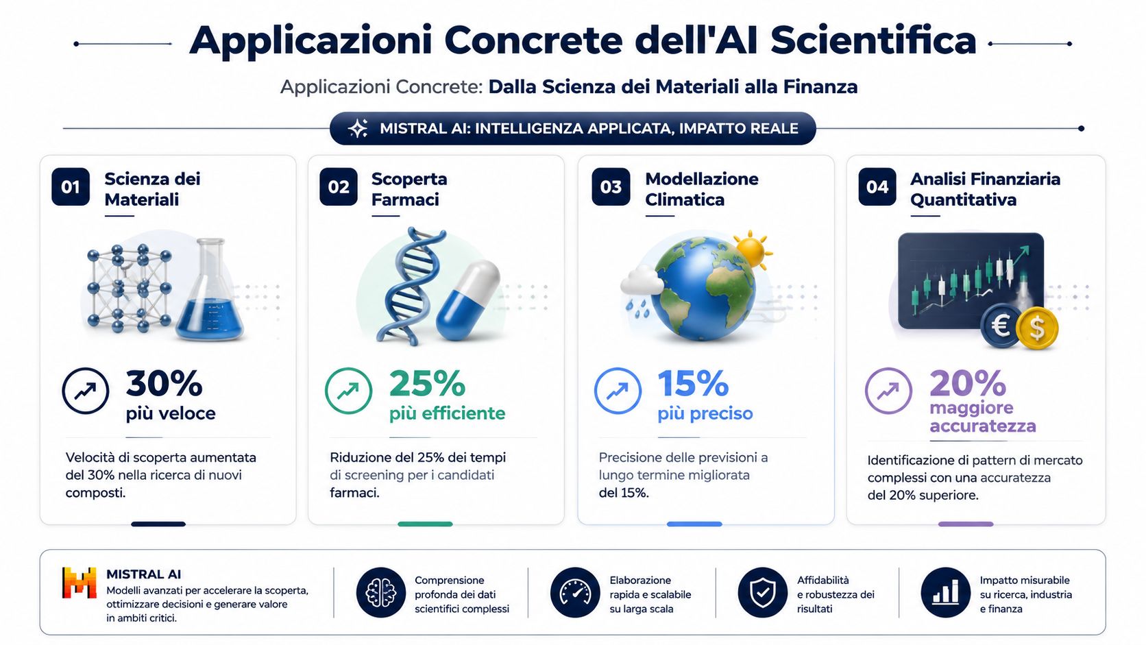 Infographic on the practical applications of scientific artificial intelligence in fields such as medicine, materials science, and finance.