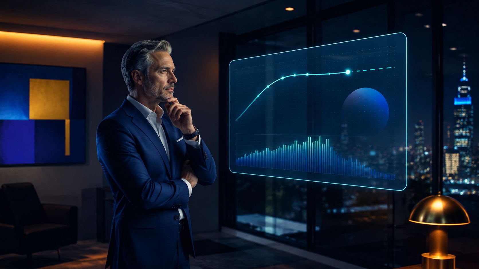 A middle-aged businessman is carefully studying a digital chart projected onto a transparent screen in his office.