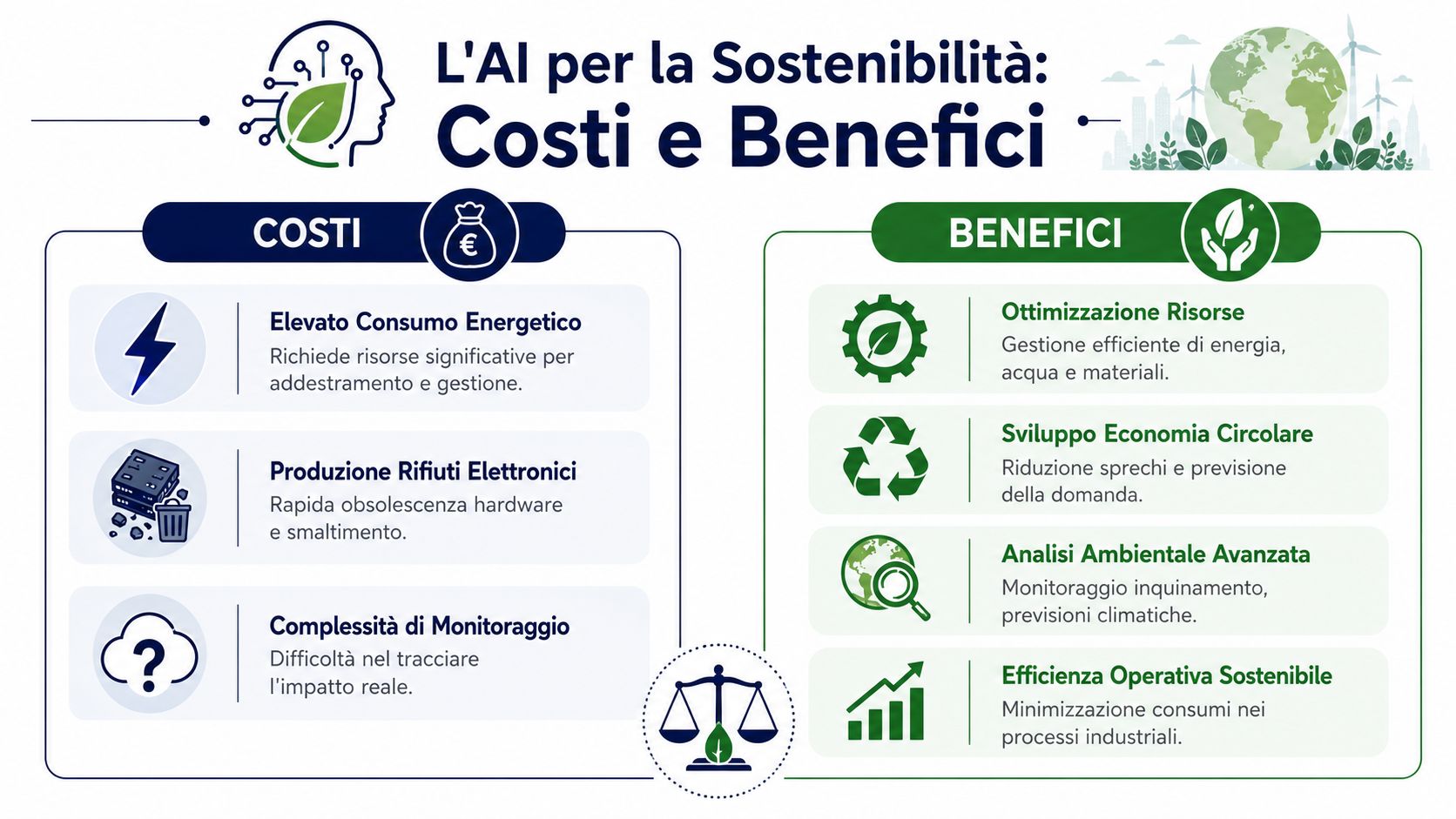 An infographic illustrating the environmental costs and sustainable benefits of using artificial intelligence in the modern world.