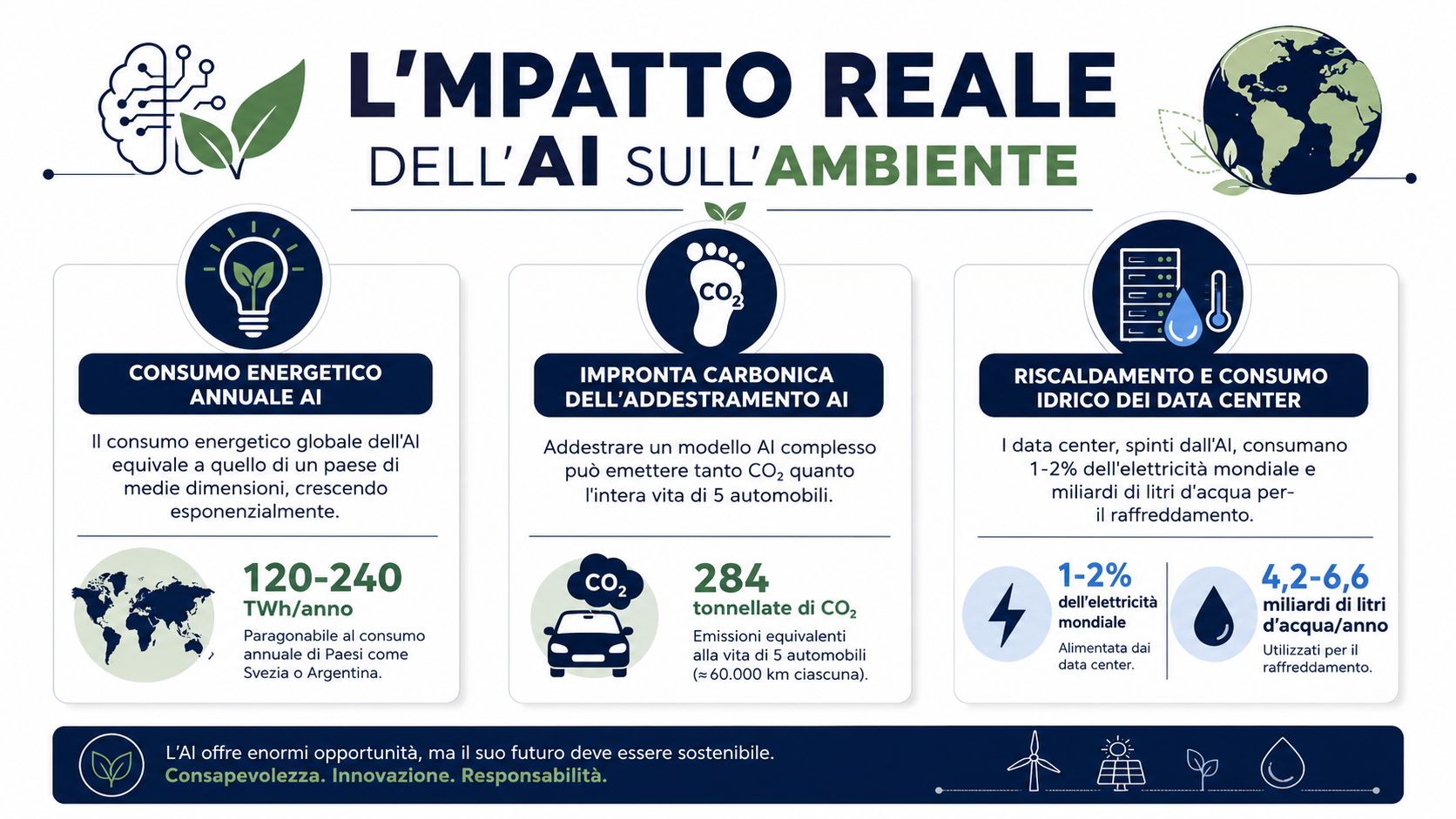 Infographic on the environmental impact of artificial intelligence in terms of energy consumption, CO2 emissions, and water use.