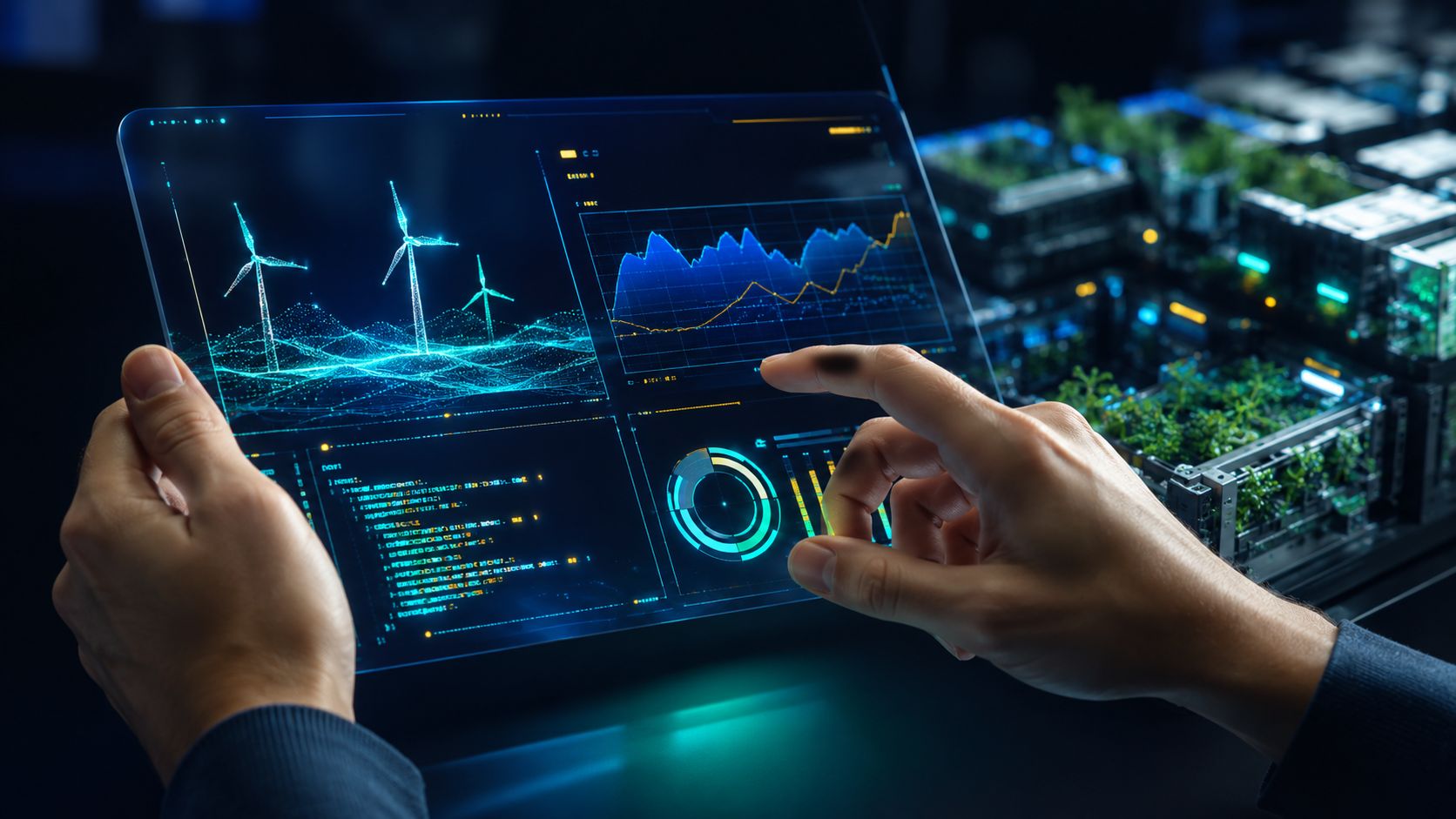 A person interacts with a holographic tablet that displays data analyses on wind energy and sustainability.