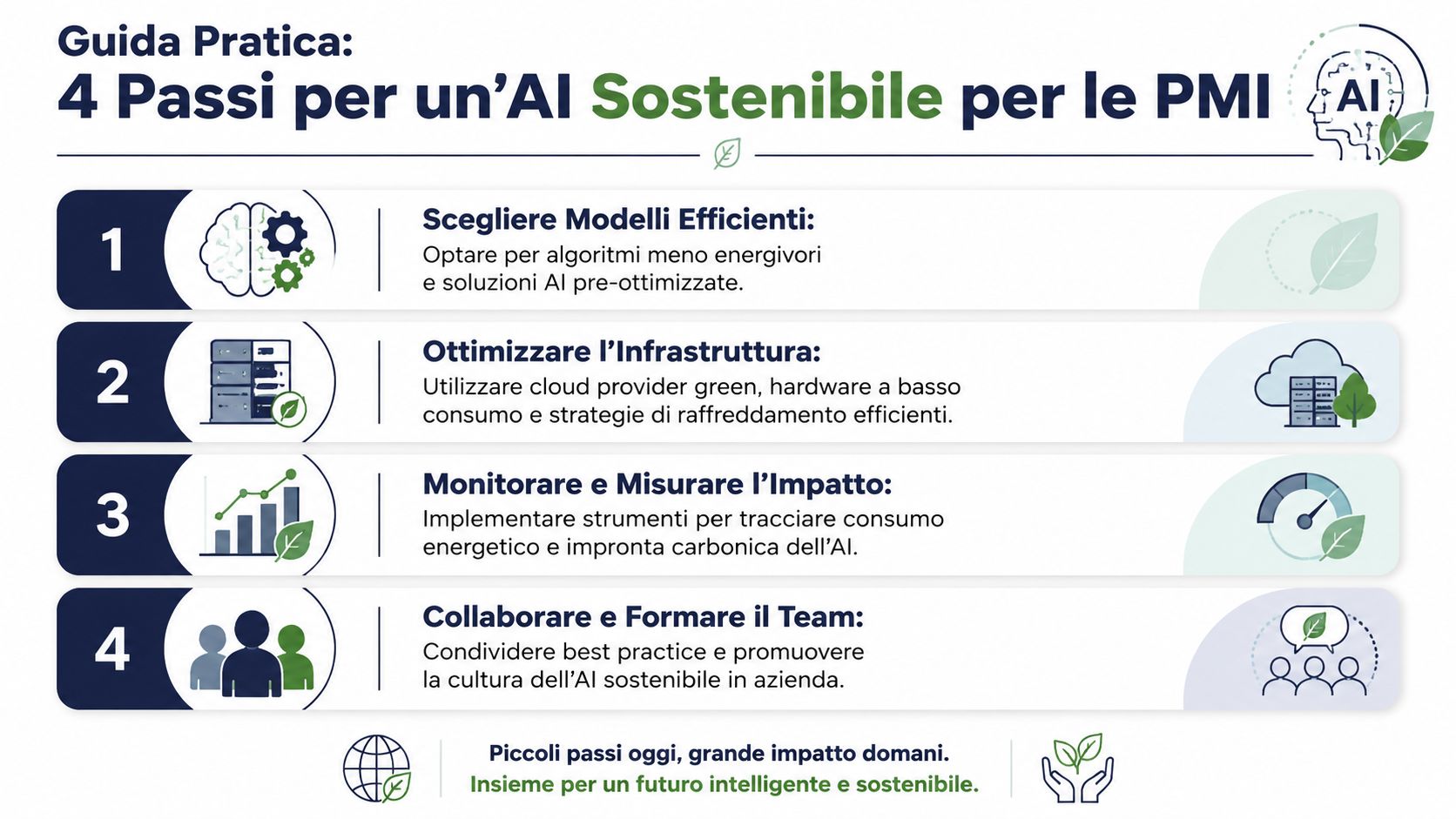 Infographic featuring four strategic steps for sustainably implementing artificial intelligence in small and medium-sized businesses.