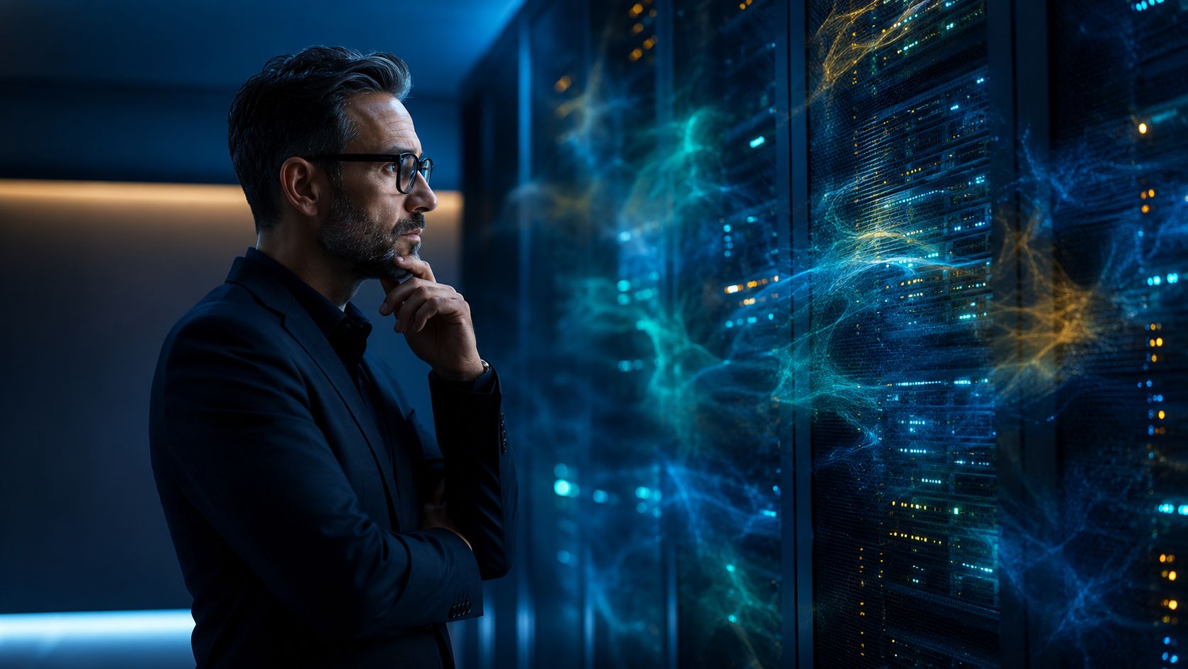 An experienced professional closely observes an artificial intelligence server displaying bright, complex data visualizations.