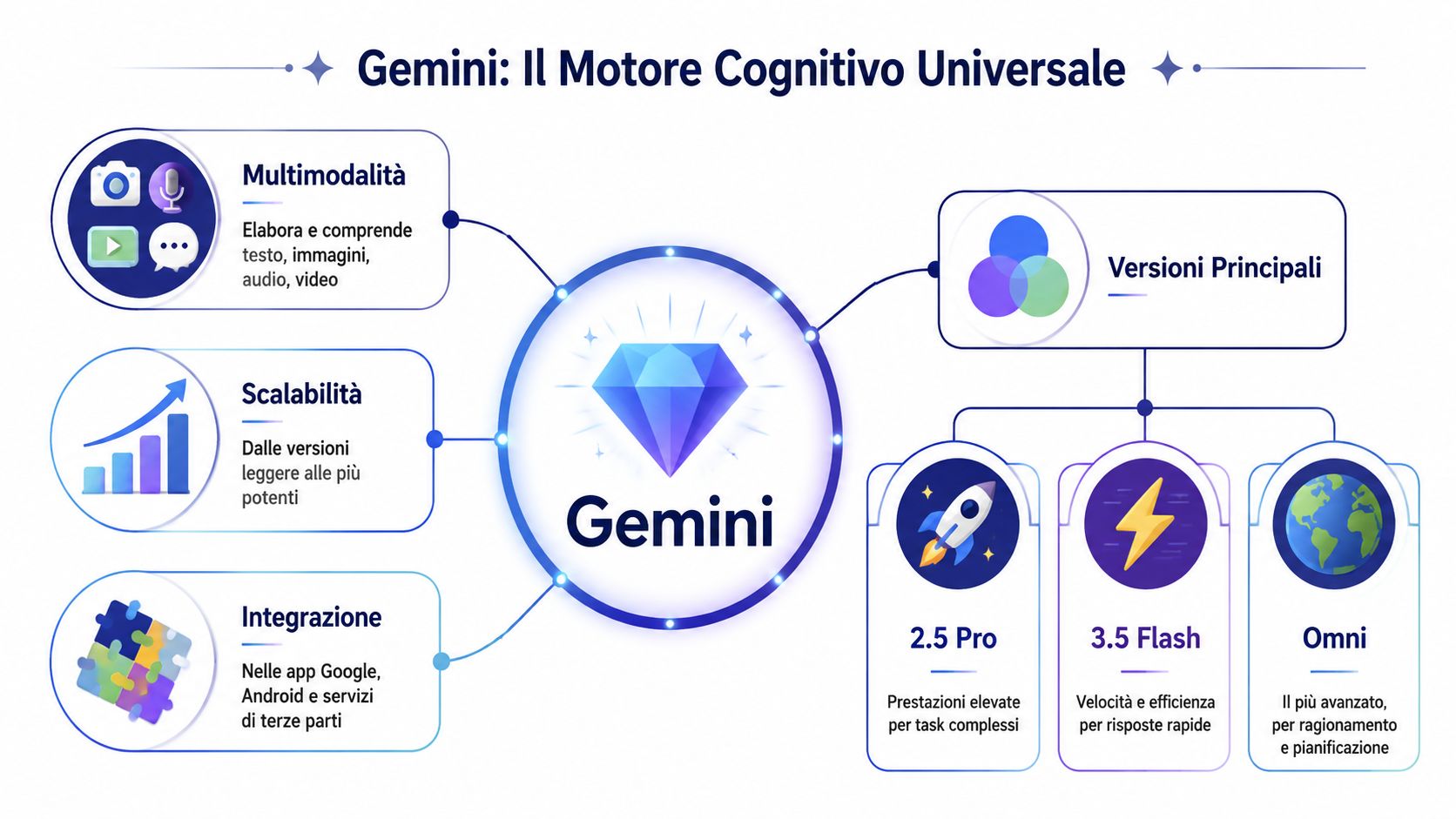 An infographic illustrating the key features of Gemini, Google's universal cognitive engine, including versions and capabilities.