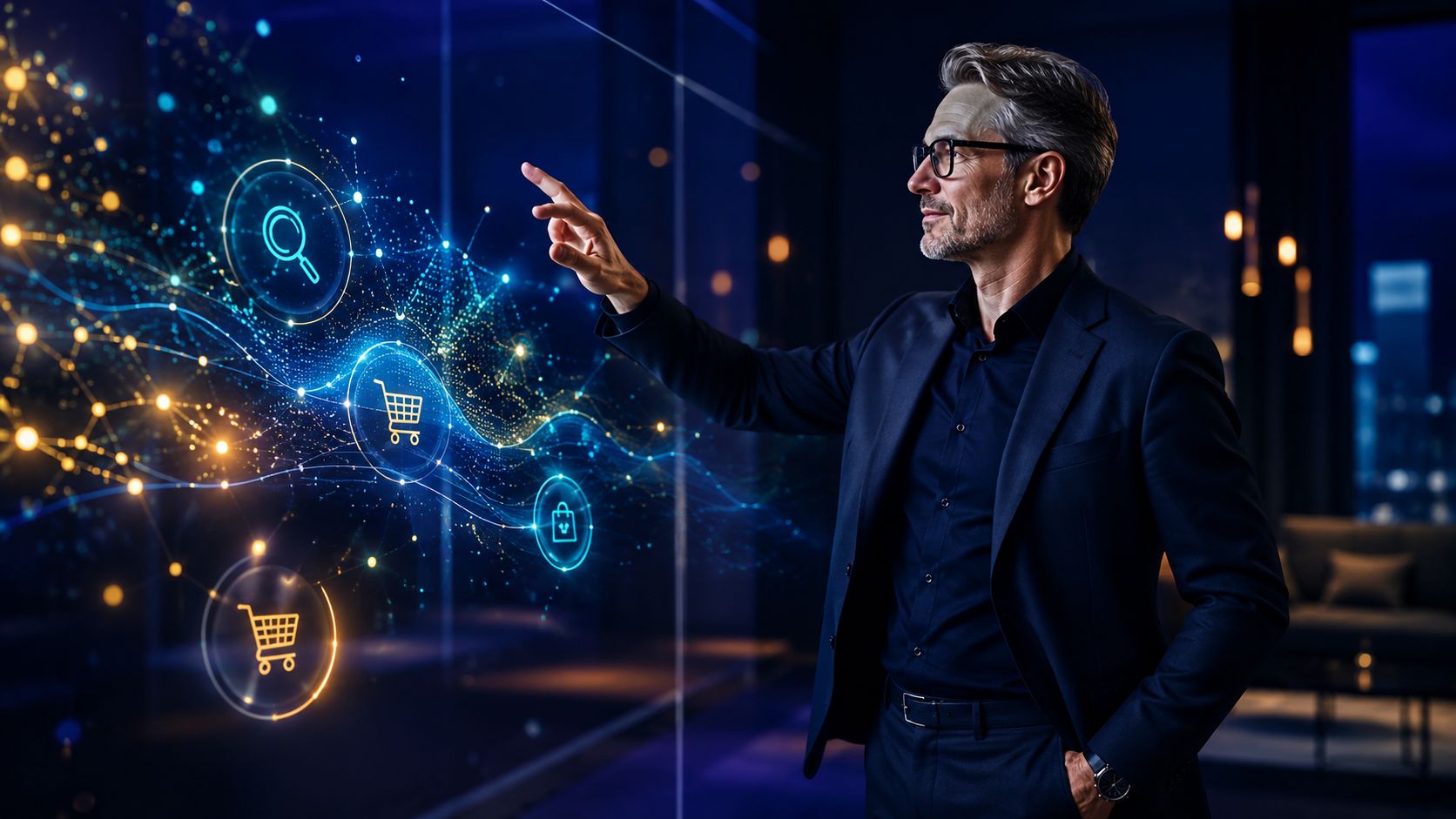 A businessman interacts with a futuristic digital holographic interface that displays icons for searching and online shopping.