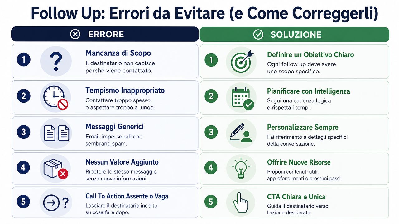 Infografica che elenca i cinque errori comuni nel follow up aziendale e le relative soluzioni pratiche consigliate.