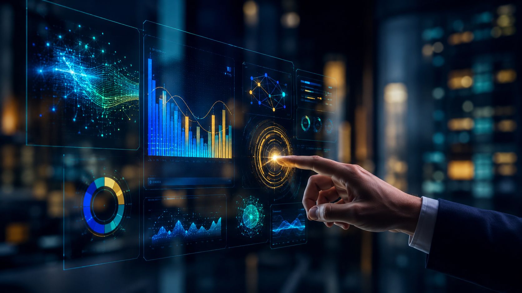 Una mano che tocca un'interfaccia olografica futuristica con grafici digitali, dati finanziari e analisi interattiva avanzata.