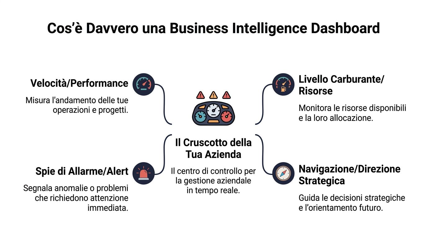 Grafico che spiega cos'è una Business Intelligence Dashboard usando la metafora di un cruscotto automobilistico aziendale.