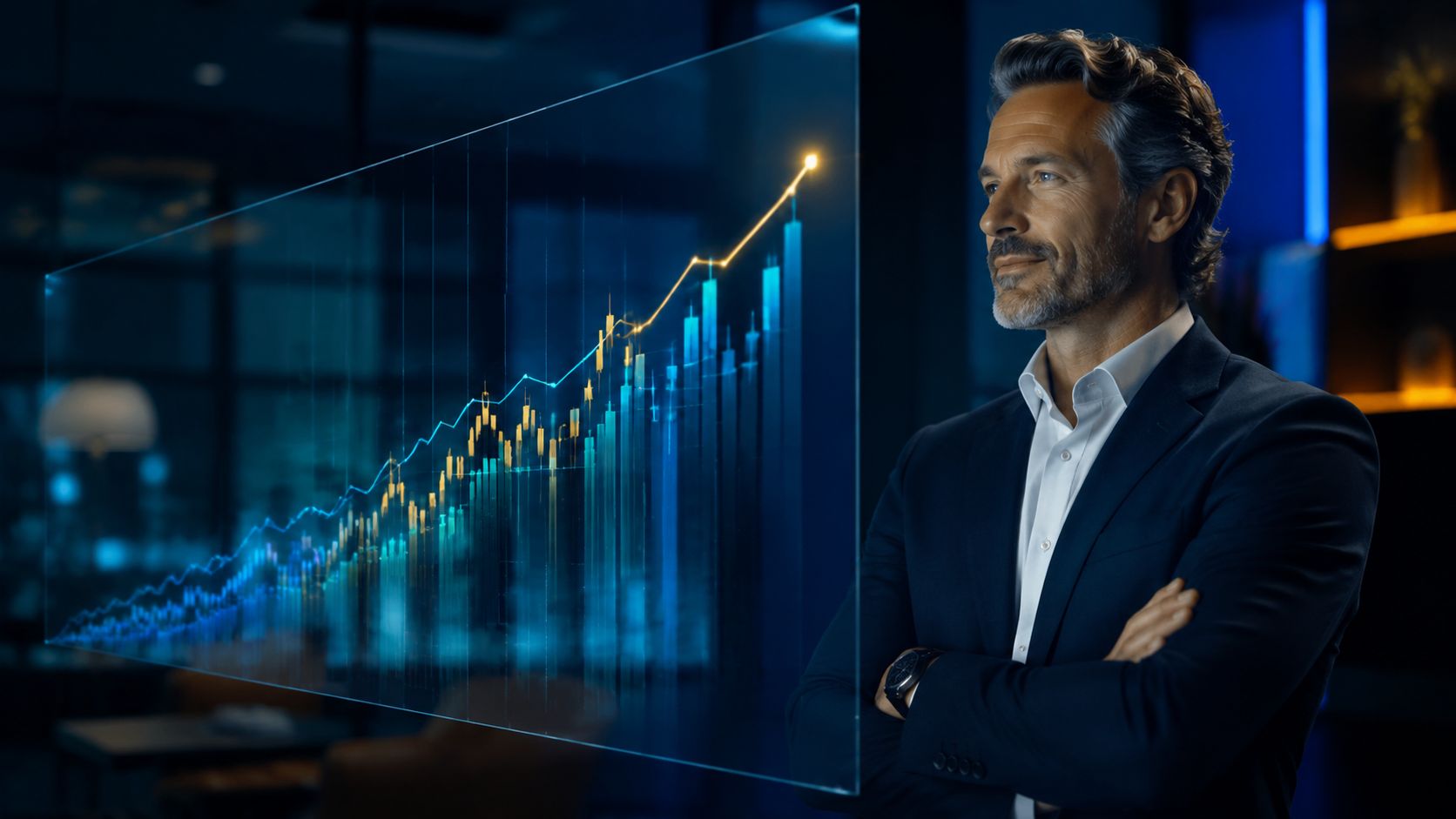 Un uomo d'affari maturo osserva un grafico finanziario digitale in crescita su uno schermo trasparente luminoso.
