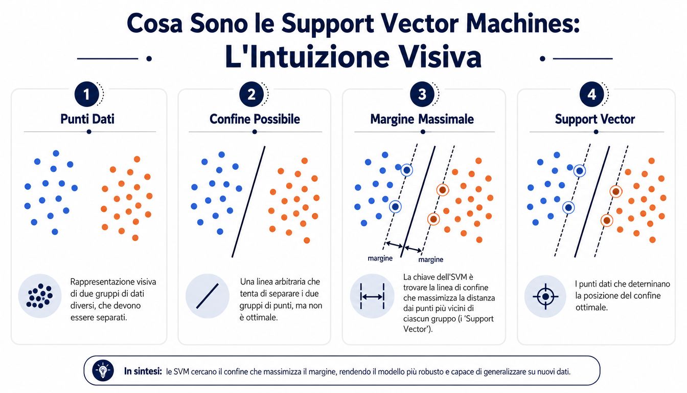 อินโฟกราฟิกที่แสดงสี่ขั้นตอนหลักในการทำงานของ Support Vector Machines สำหรับการจัดประเภทข้อมูล