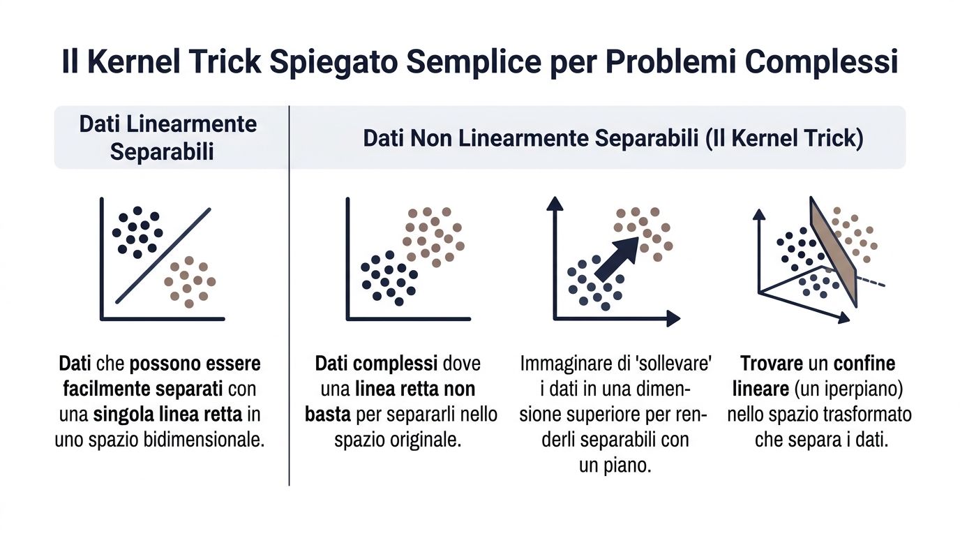 แผนภาพอธิบายที่แสดงวิธีการที่เทคนิคเคอร์เนล (kernel trick) ใช้เพื่อแยกข้อมูลที่ซับซ้อนและไม่เป็นเชิงเส้นออกเป็นมิติที่สูงขึ้น