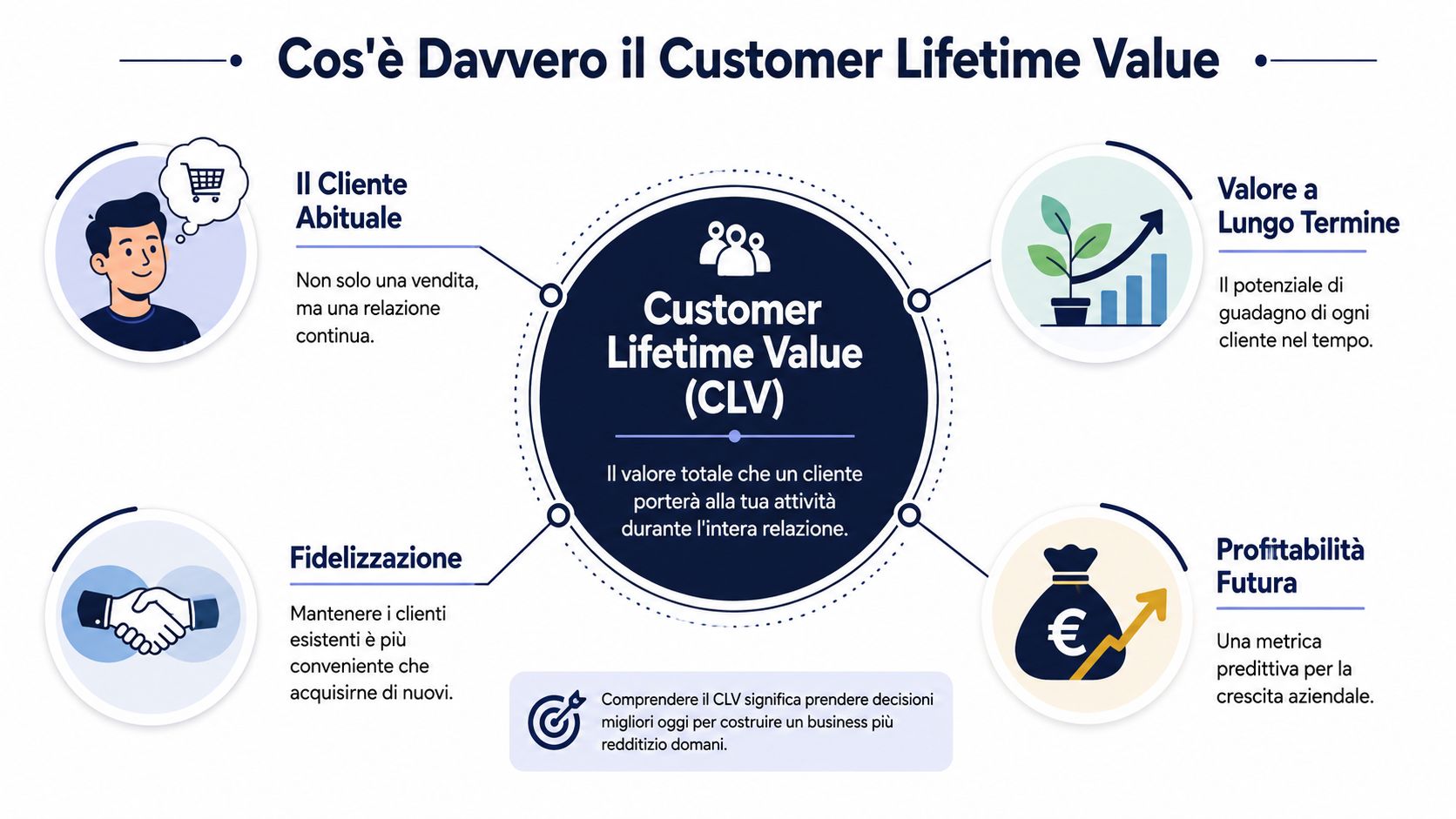 Grafica informativa che spiega il concetto di Customer Lifetime Value e la sua importanza per le aziende.