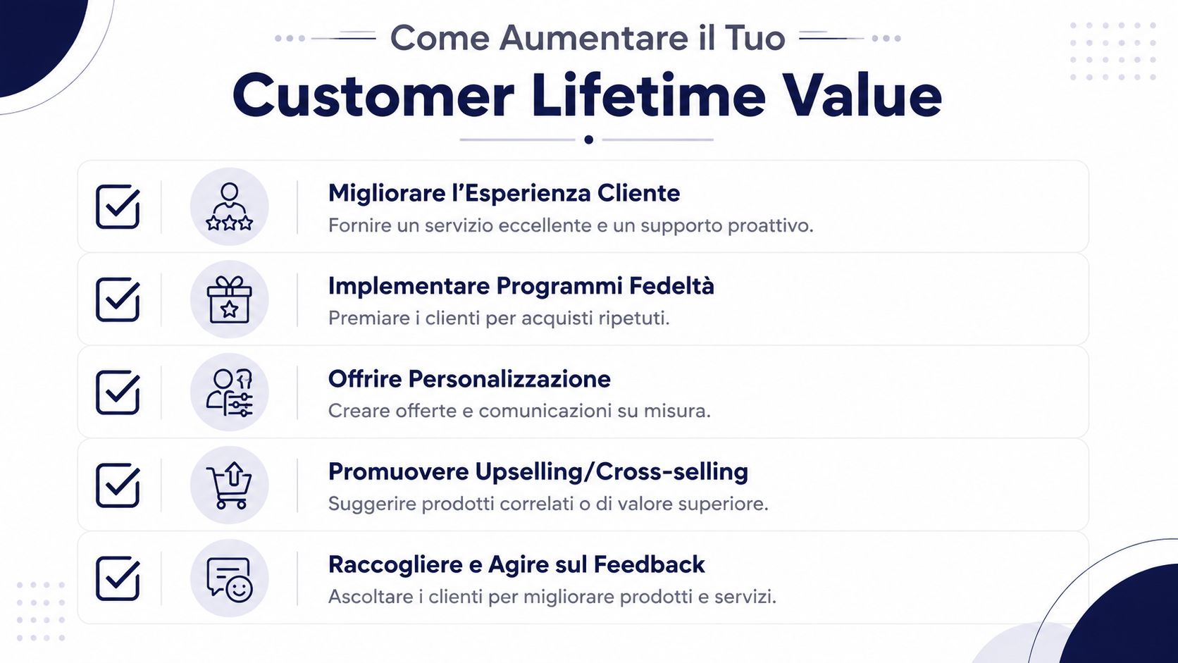 Infografica che elenca cinque strategie efficaci per aumentare il valore della vita del cliente e migliorare la fidelizzazione.