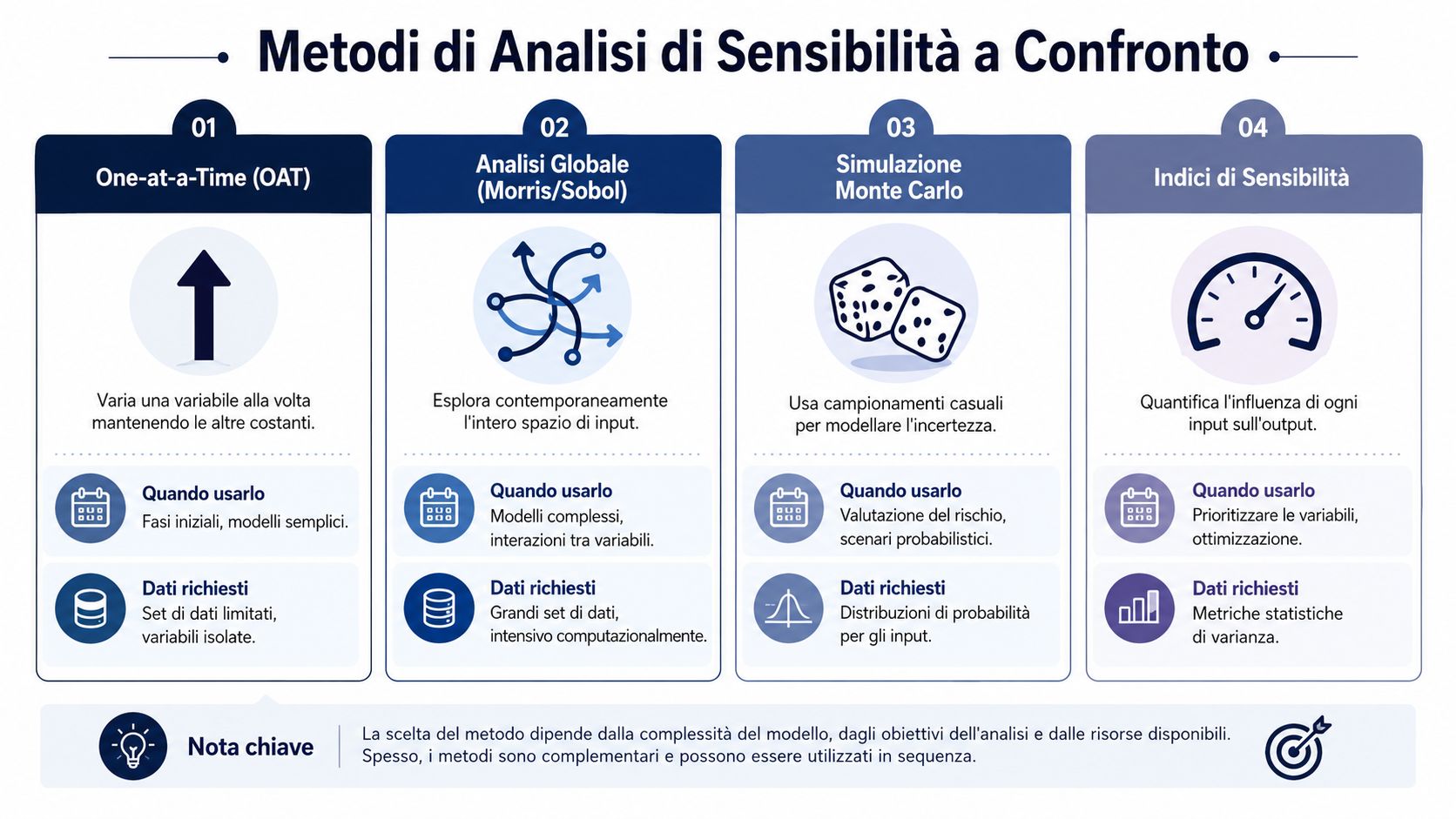 Infografica che mette a confronto quattro diversi metodi di analisi di sensibilità con le relative caratteristiche.