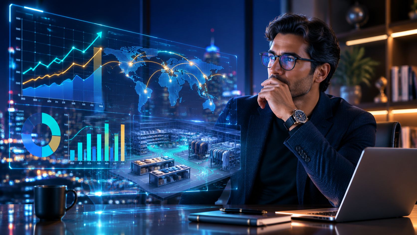 Un uomo d'affari concentrato analizza grafici digitali e dati di logistica globale su uno schermo olografico moderno.